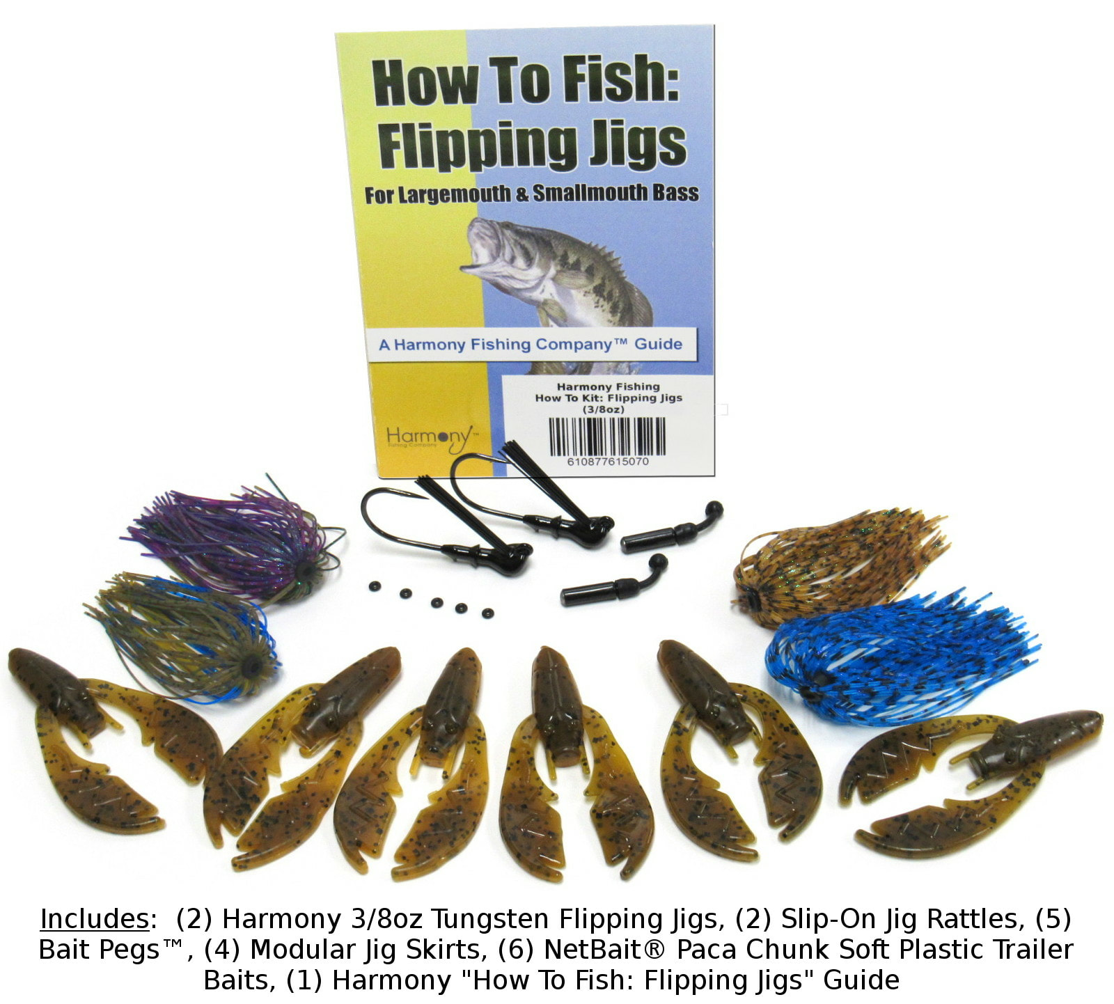 Harmony Fishing - Tungsten Flipping Jig 20 Piece Kit - 3/8oz Flipping Jigs,  Skirts, Rattles, Bait Pegs, 6pk NetBait Paca Chunk Baits