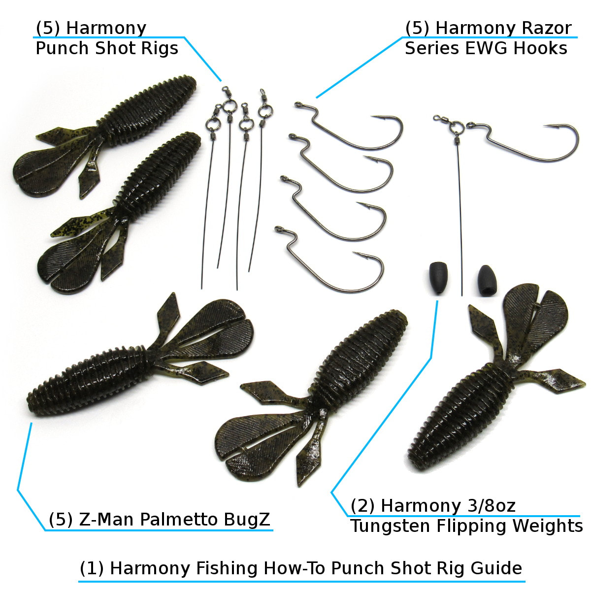 Punch Shot Rig Starter Kit (Punchshot Rigs, Hooks, Tungsten Weights, and  ZMan Soft Plastic Baits)