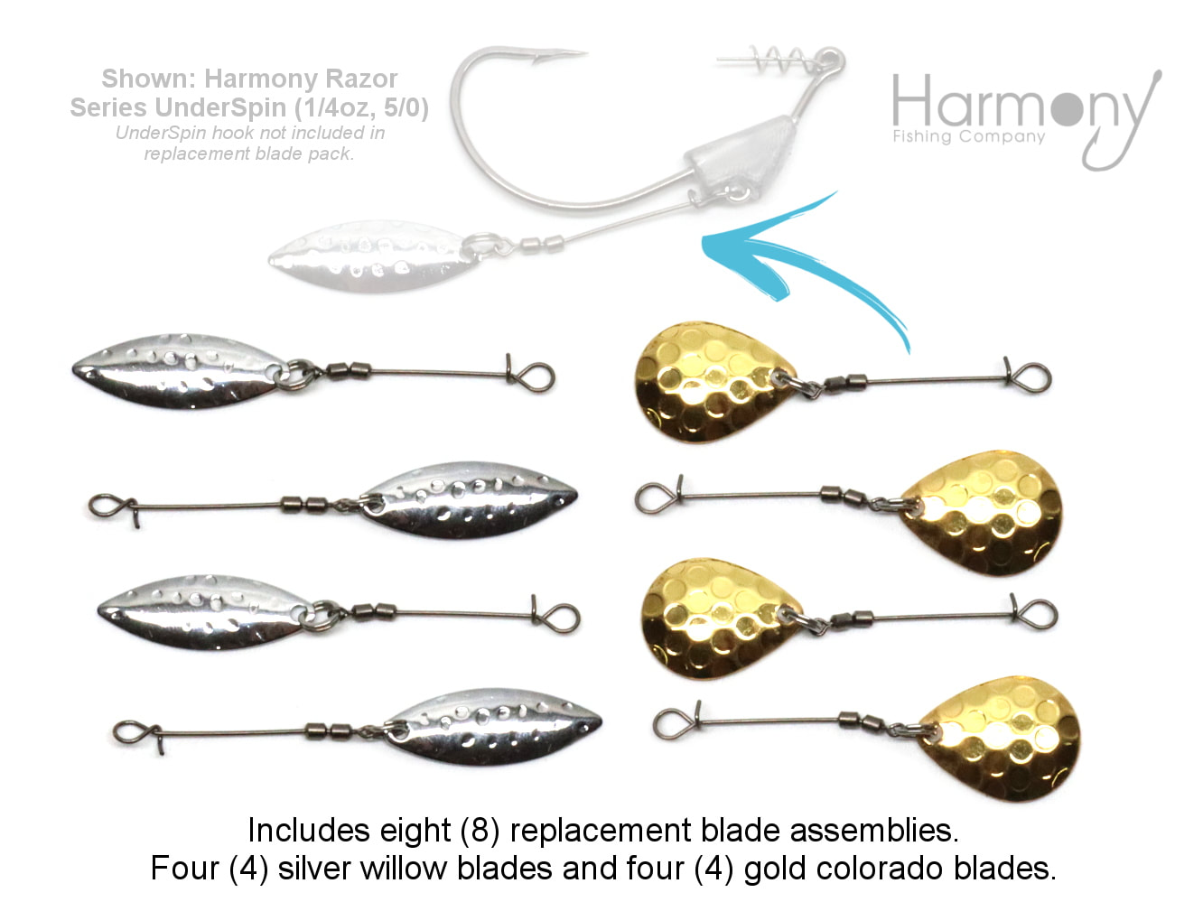 Harmony Fishing – Replacement blade assemblies for Razor Series UnderSpins  (8 blade, swivel, wire assemblies – 4 silver willow, 4 gold colorado)